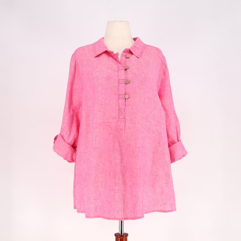 Sigrid Olsen 100% Linen Half-Button Roll Tab Slee… - image 1